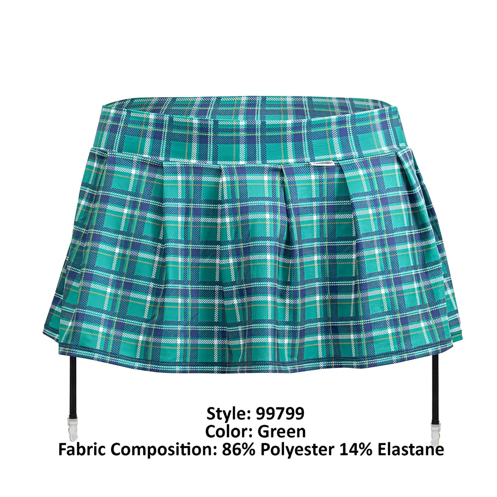 A teal and navy plaid pleated mini skirt with black suspenders from the candyman 99799 garter outfit green