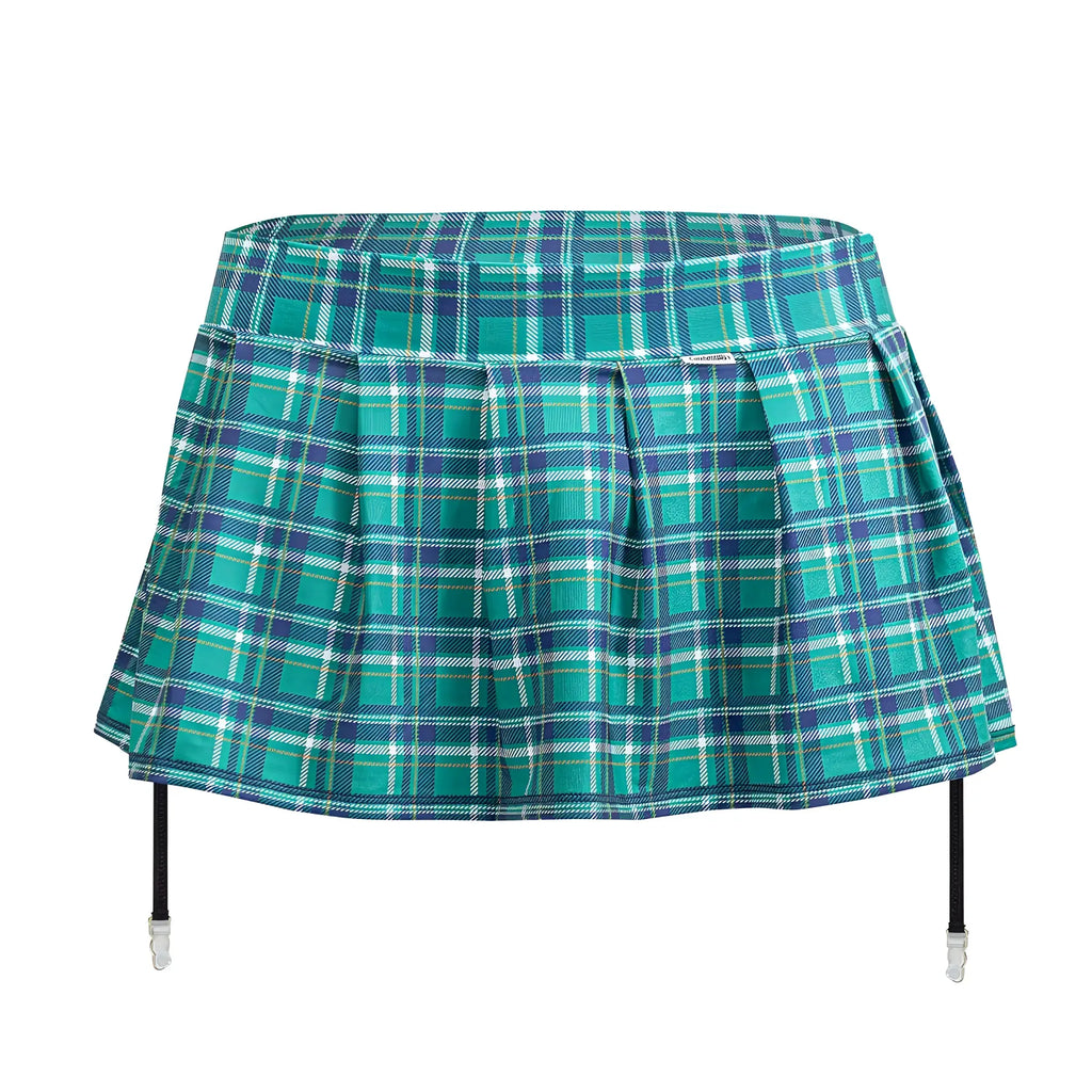 CandyMan 99799 garter outfit green teal and navy plaid pleated mini skirt with black garter straps visible front side