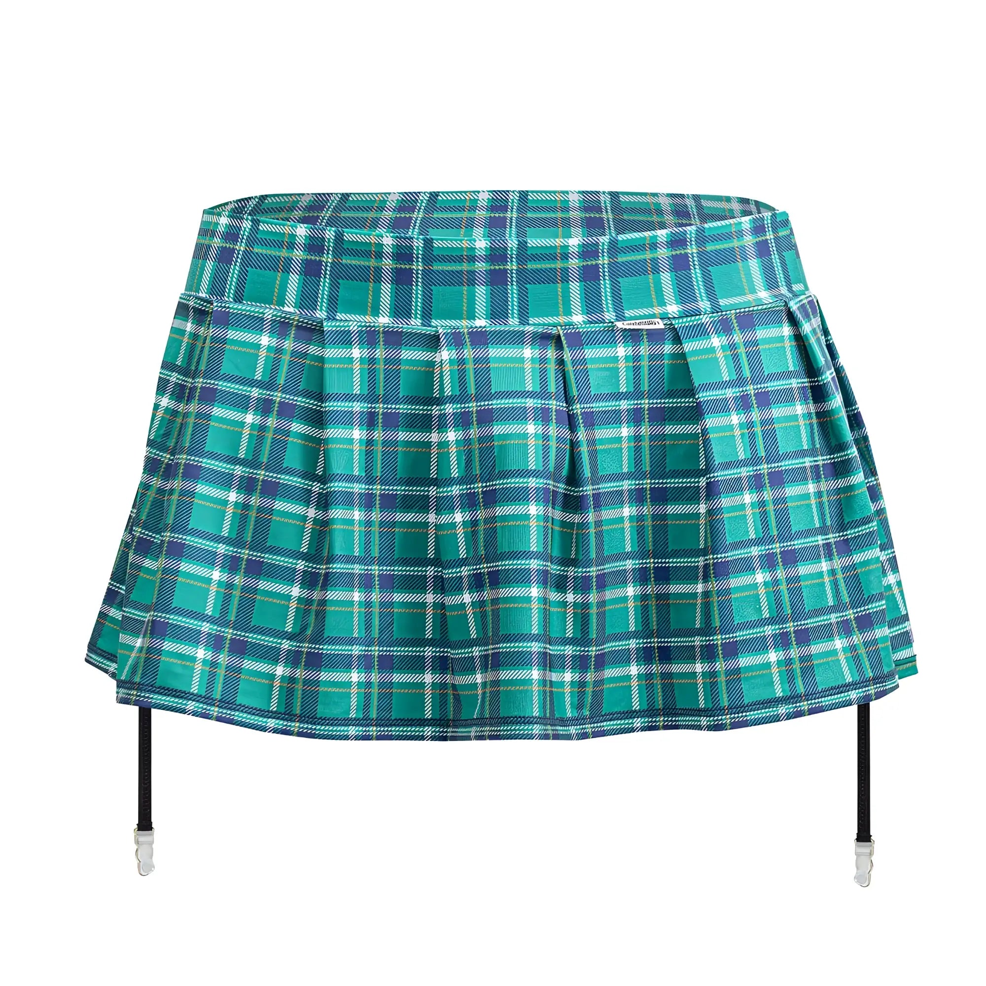 CandyMan 99799 garter outfit green teal and navy plaid pleated mini skirt with black garter straps visible front side