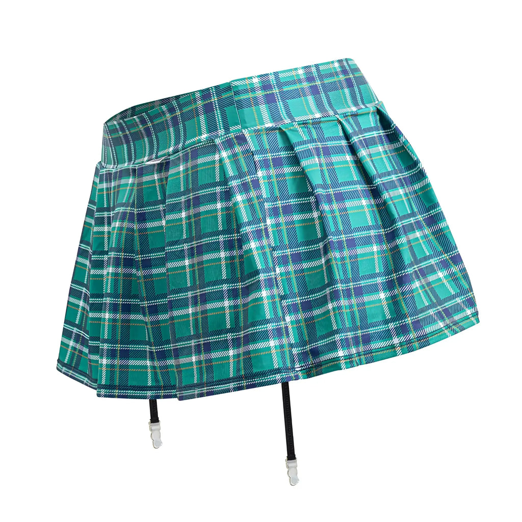 CandyMan 99799 garter outfit green pleated teal and navy plaid skirt with black garter straps front view