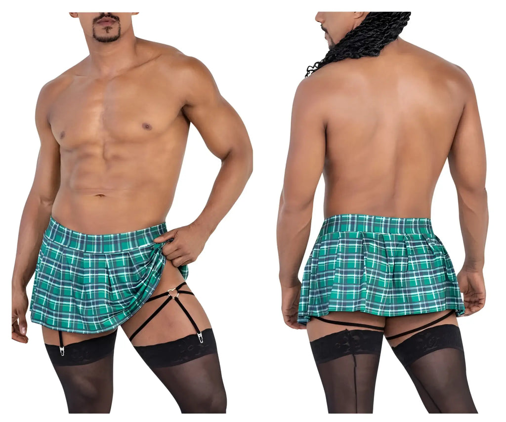 Green and white plaid mini skirt with black garter straps from candyman 99799 garter outfit color green