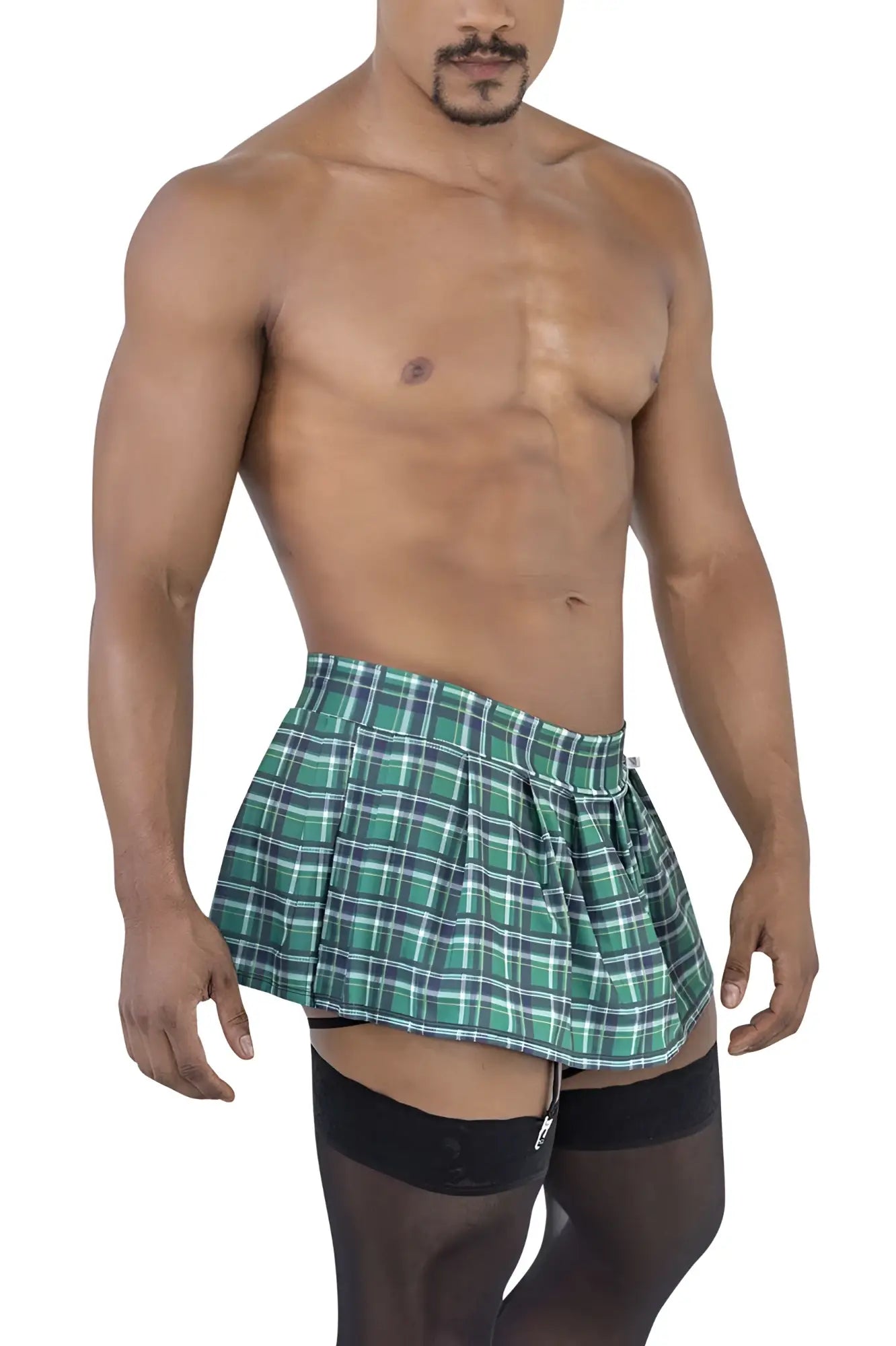 Green and white plaid pleated shorts with a black waistband zipper from candyman 99799 garter outfit color green