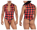 CandyMan 99800 red and black plaid lumberjack bodysuit with button-front collar design in one-piece style