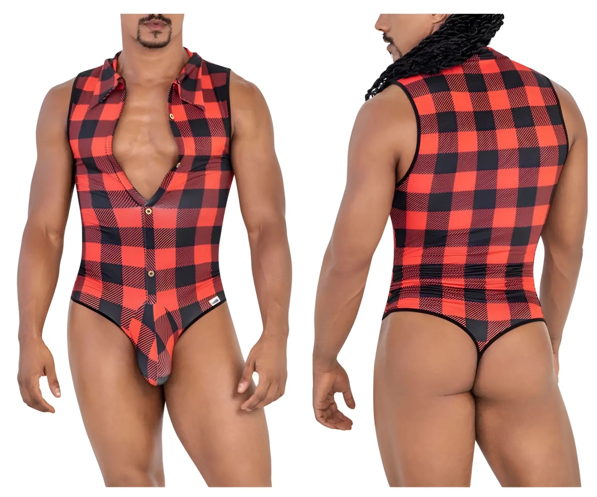 CandyMan 99800 red and black plaid lumberjack bodysuit with button-front collar design in one-piece style