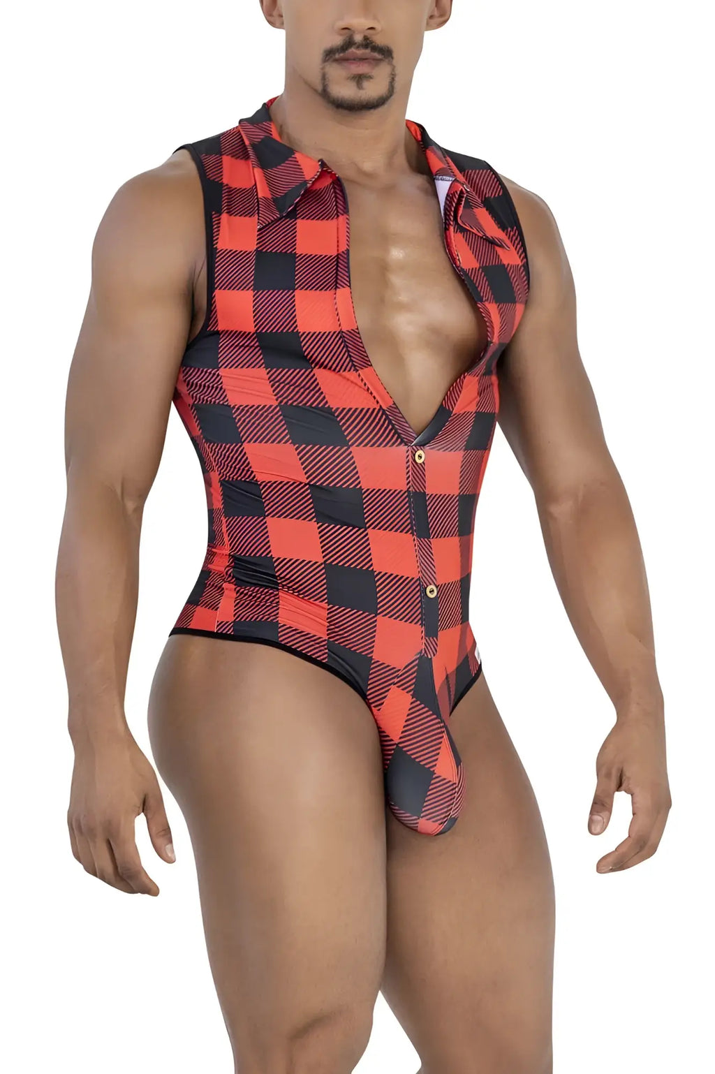 Red and black plaid CandyMan 99800 lumberjack bodysuit with collar button front and elastic waistband