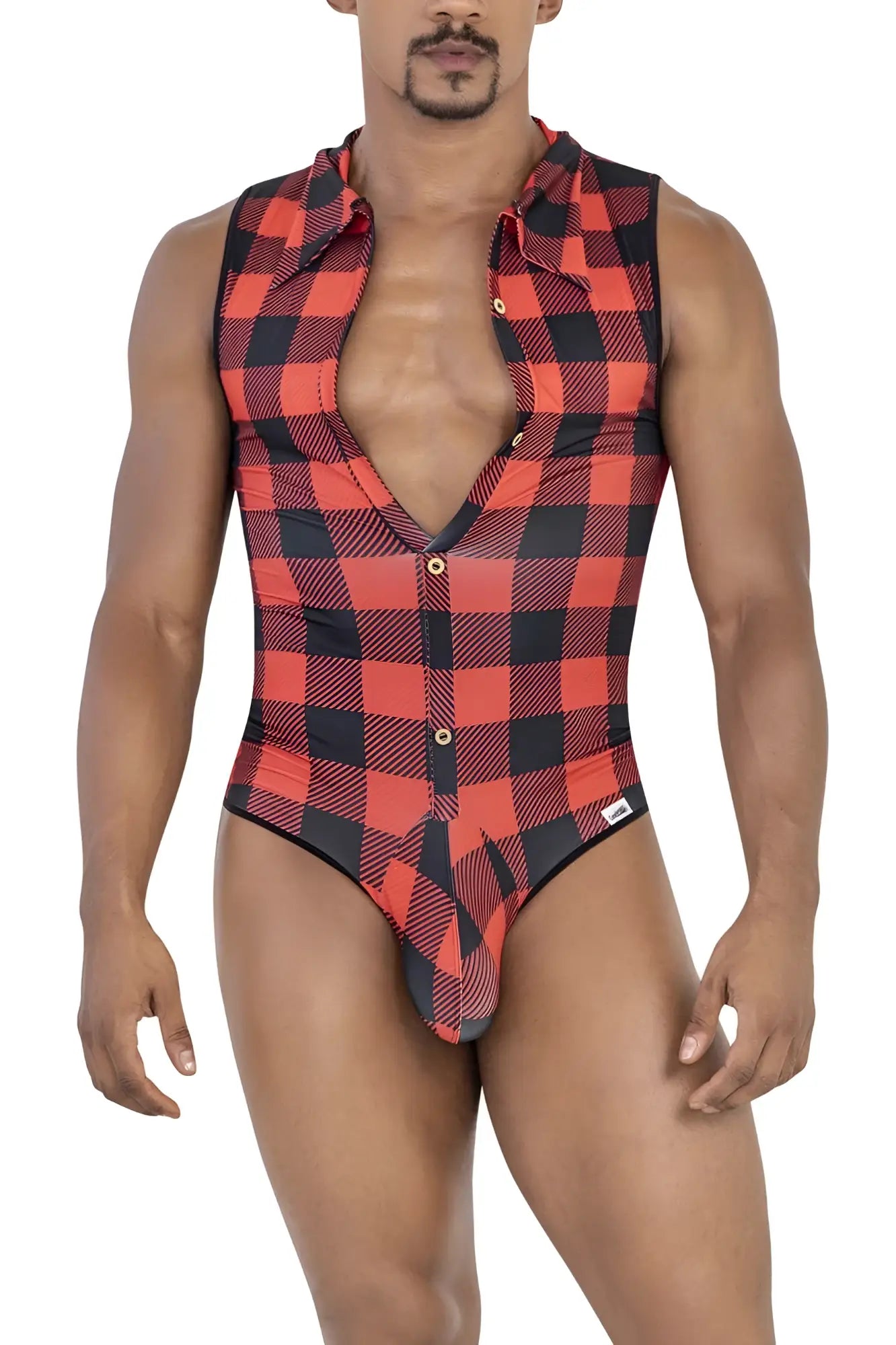 Red and black plaid one-piece swimsuit by candyman featuring shirt collar and button-front design in red color