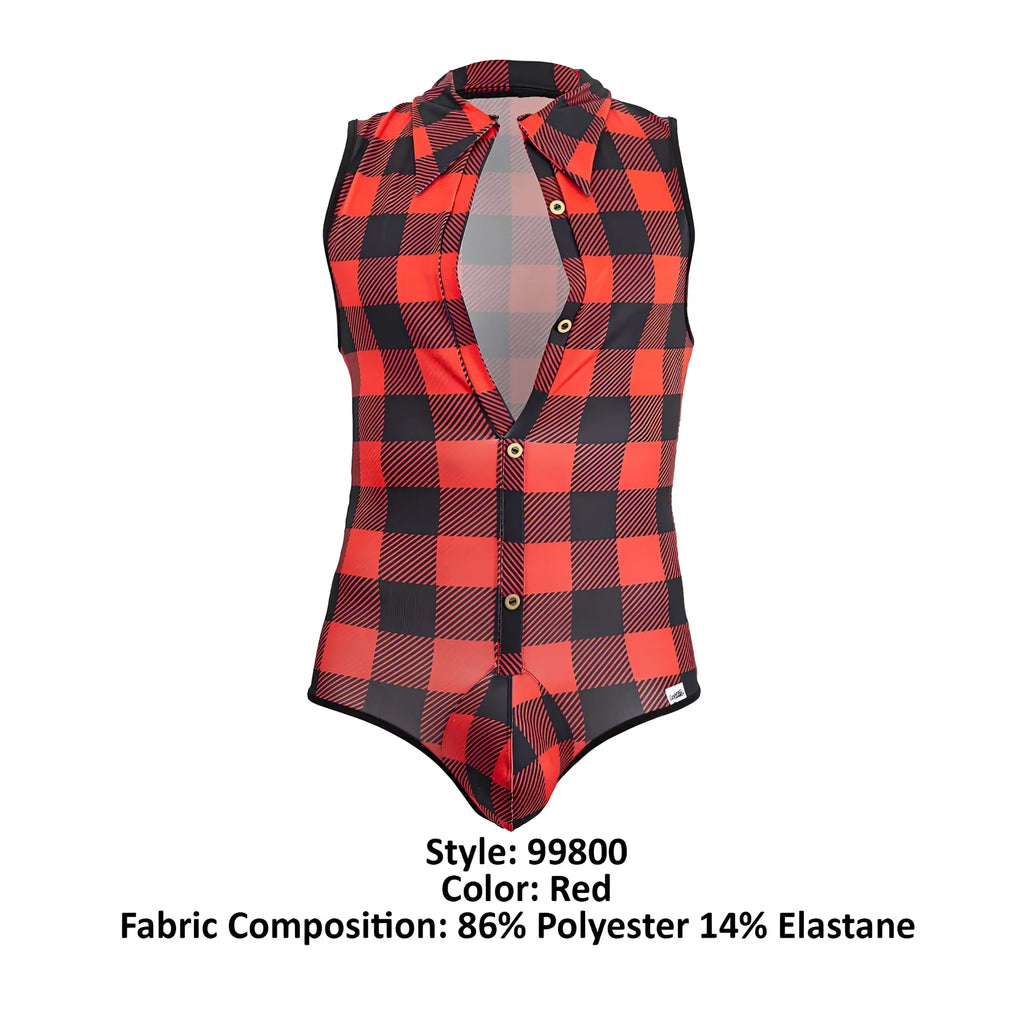 Red and black plaid sleeveless cotton bodysuit with button front design from candyman 99800 lumberjack collection