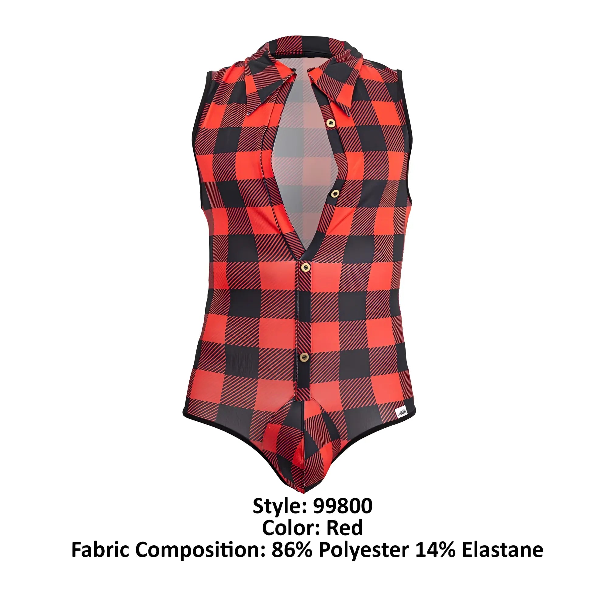 Red and black plaid sleeveless cotton bodysuit with button front design from candyman 99800 lumberjack collection