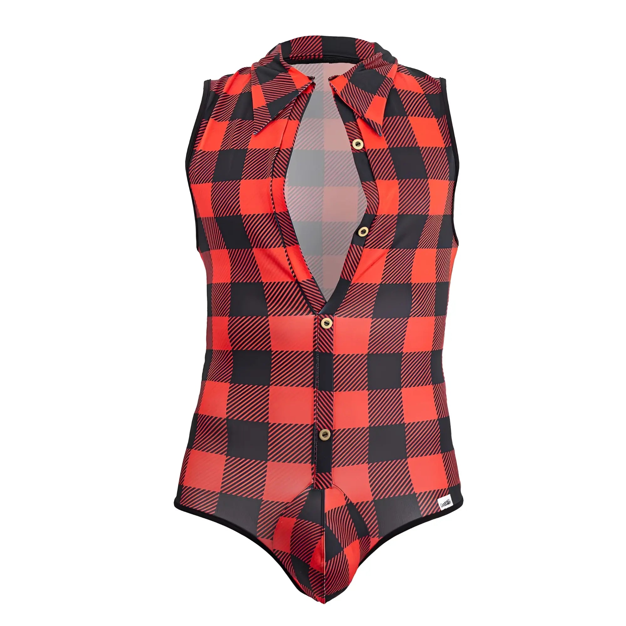 Red and black plaid sleeveless bodysuit with collar button-front design and matching trim by CandyMan 99800 Lumberjack