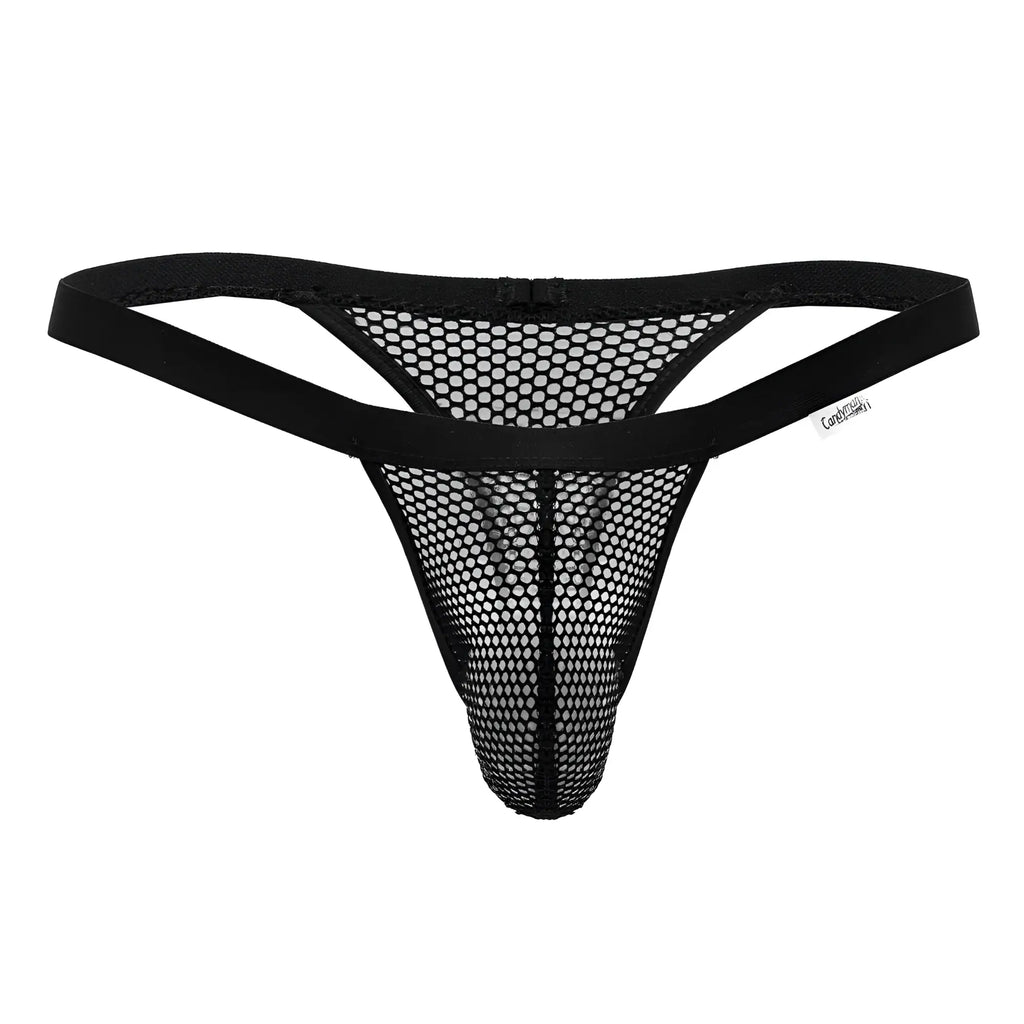 Black candyMan 99801 mesh thong with solid elastic waistband and small brand tag visible in front view