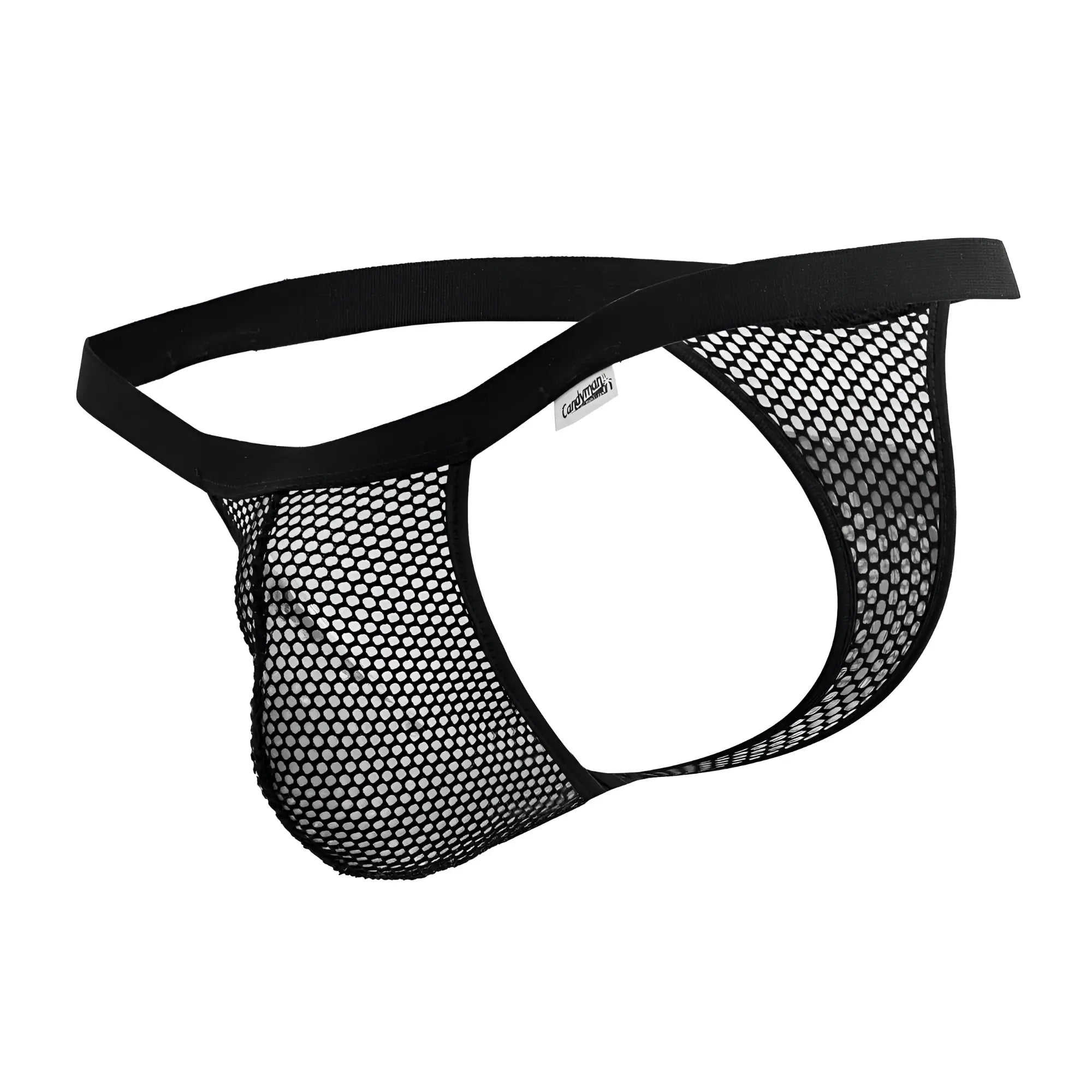 Black mesh thong with solid elastic waistband and visible cordoba label from candyman 99801 mesh thongs collection