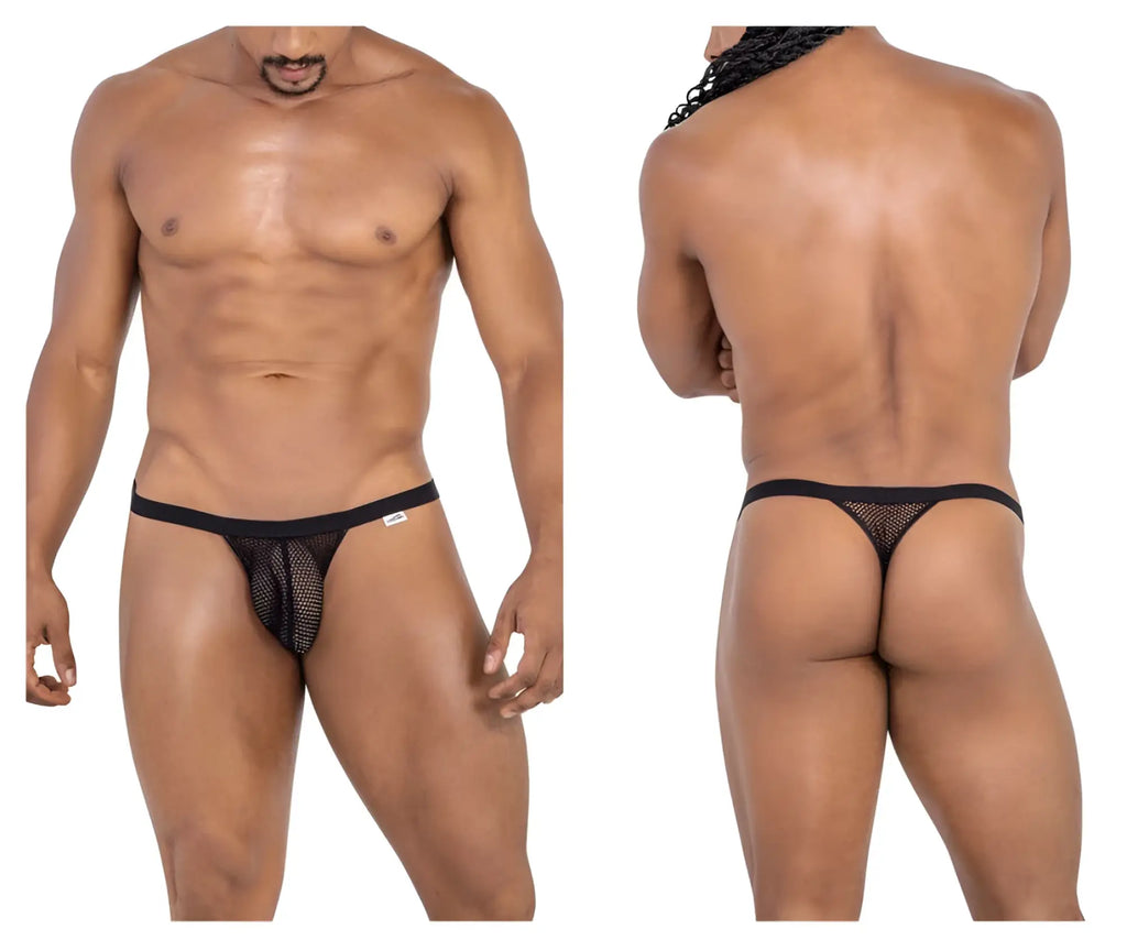 Black mesh thong with solid black waistband from candyman 99801 collection shown from the back side
