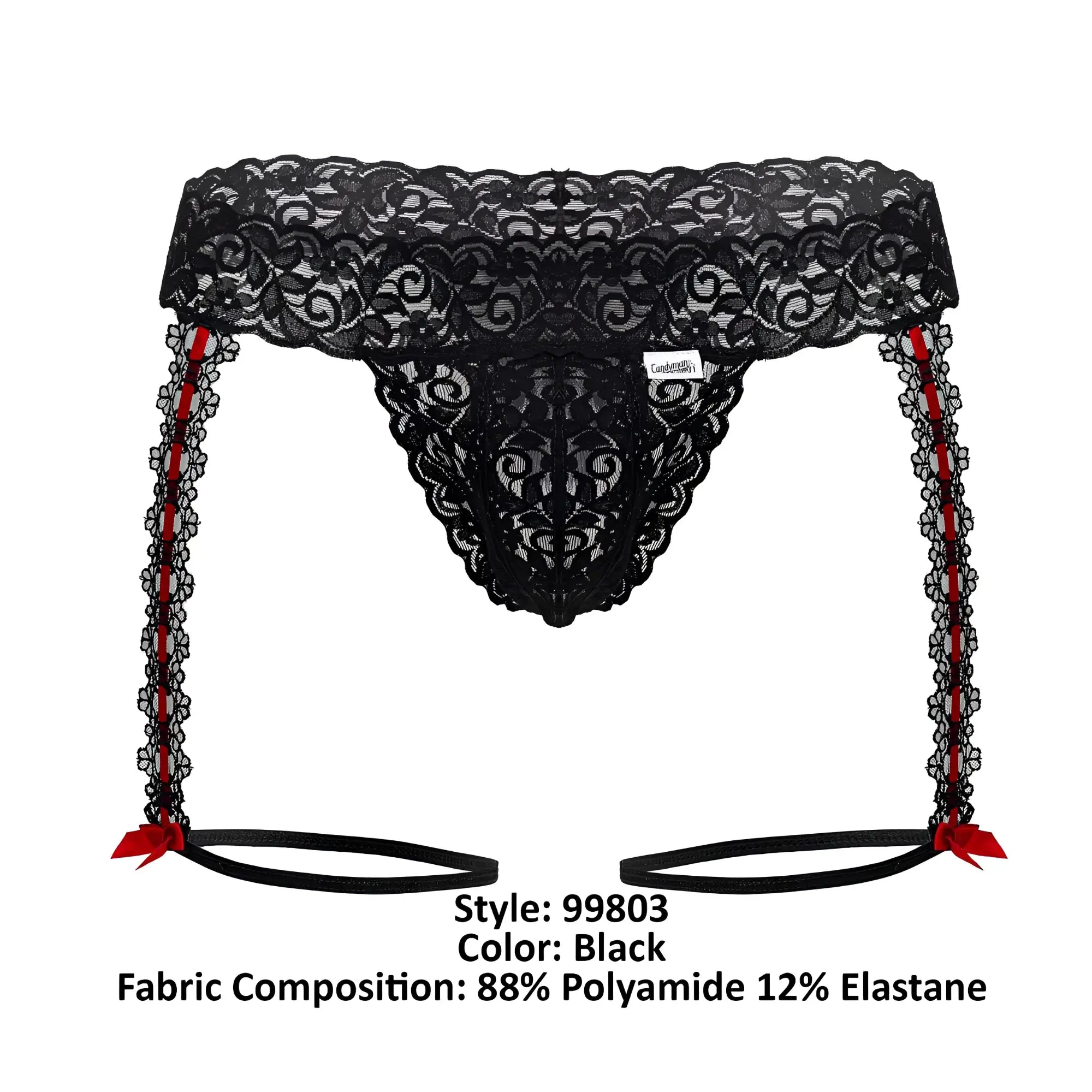 Black lace garter thong with red ribbon accents and matching ties from candyman 99803 lace garter thongs color black