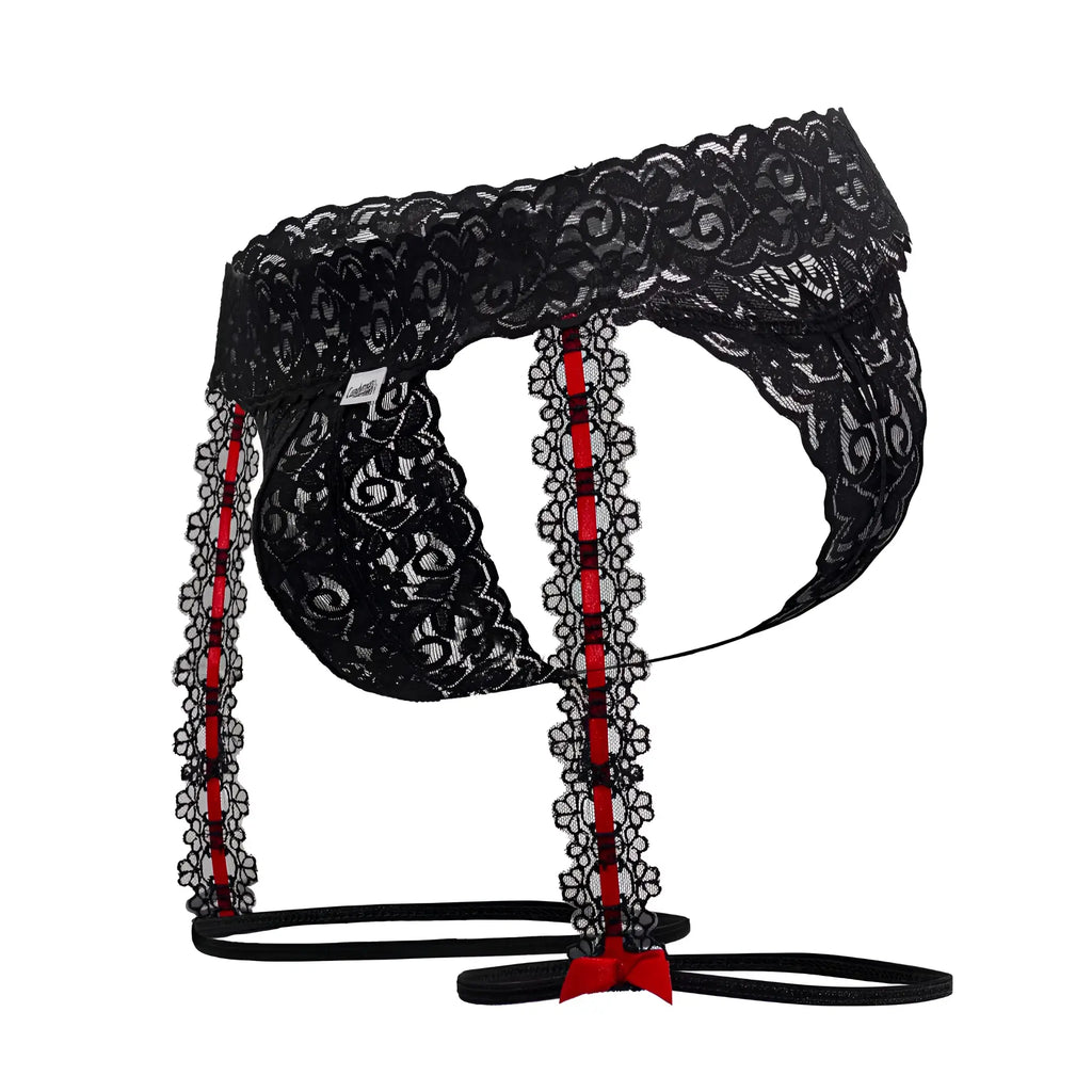 CandyMan 99803 lace garter thong in black featuring black lace with red floral trim and a matching bow detail