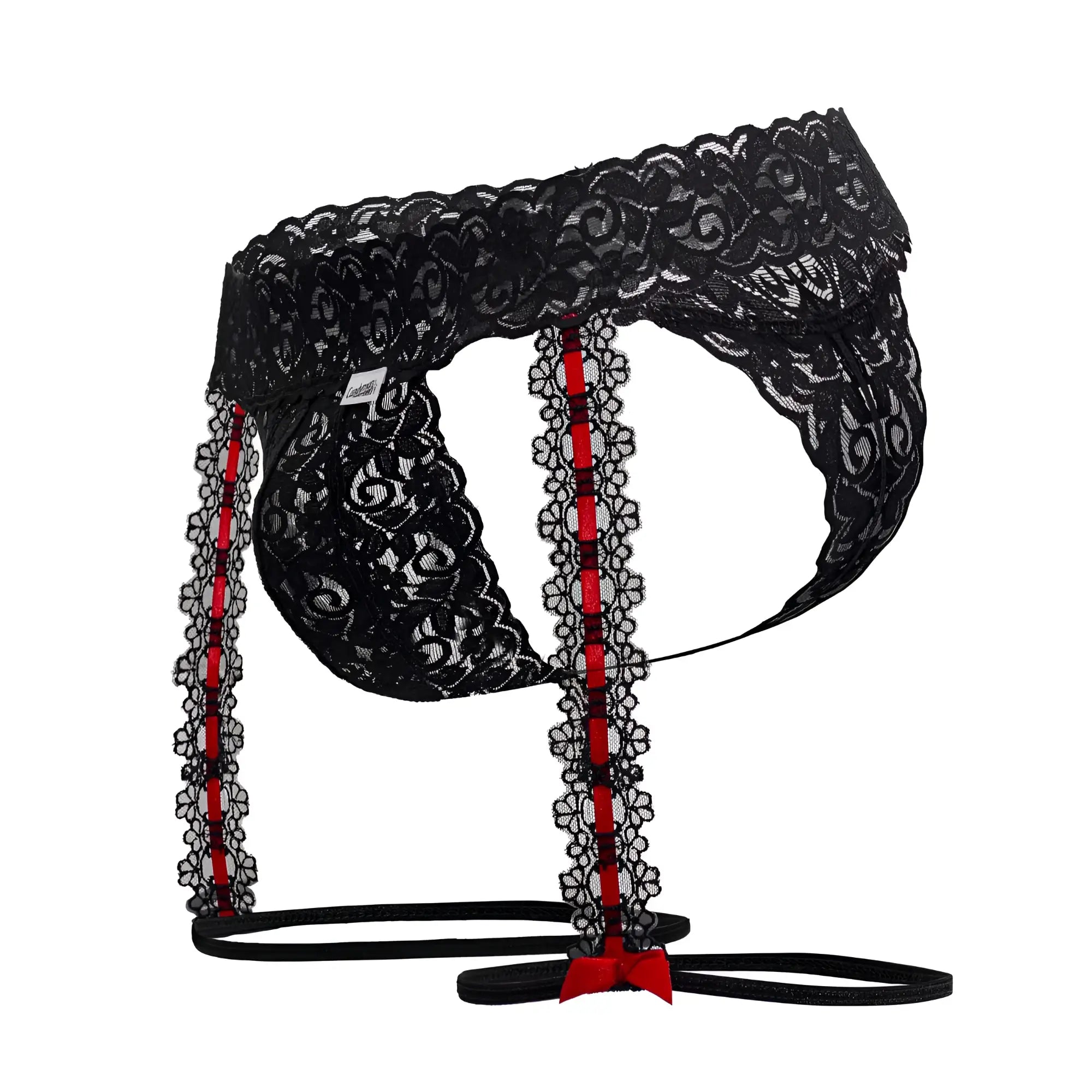 CandyMan 99803 lace garter thong in black featuring black lace with red floral trim and a matching bow detail