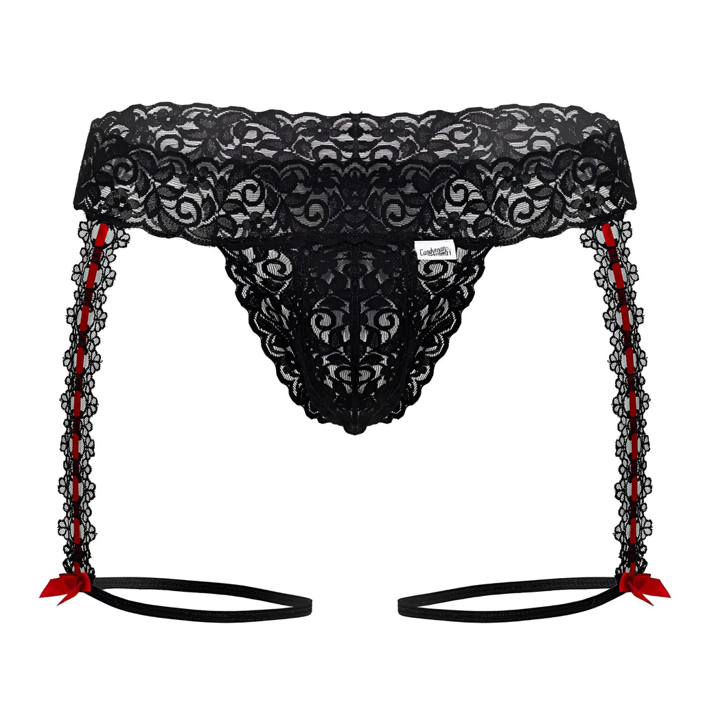 Candyman 99803 black lace garter thong with red ribbon ties and decorative bows shown from the back side