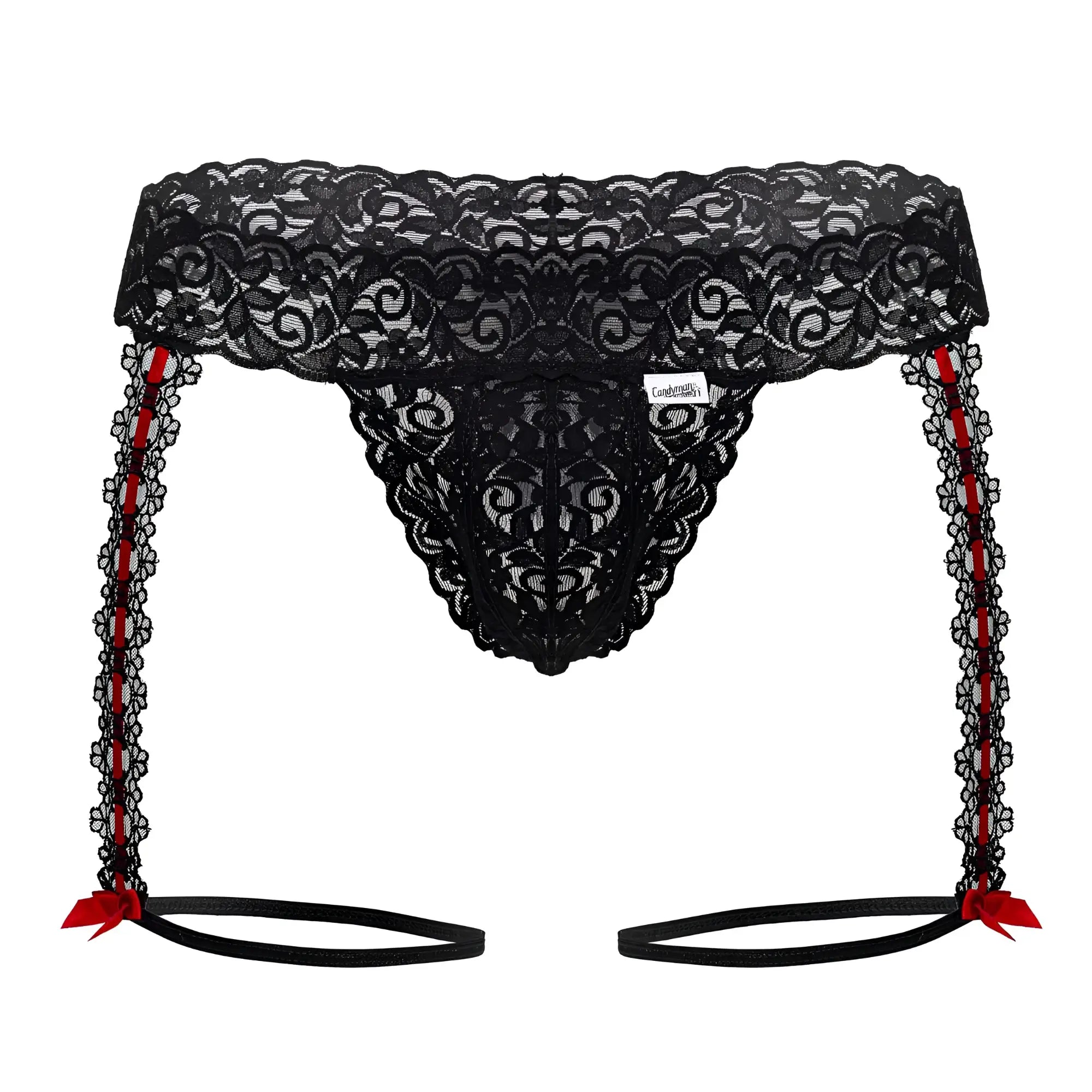 Candyman 99803 black lace garter thong with red ribbon ties and decorative bows shown from the back side