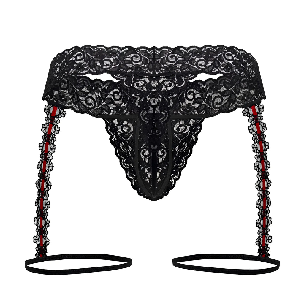 Black lace thong with red striped garter straps and scalloped edges candyMan 99803 lace garter thongs color black