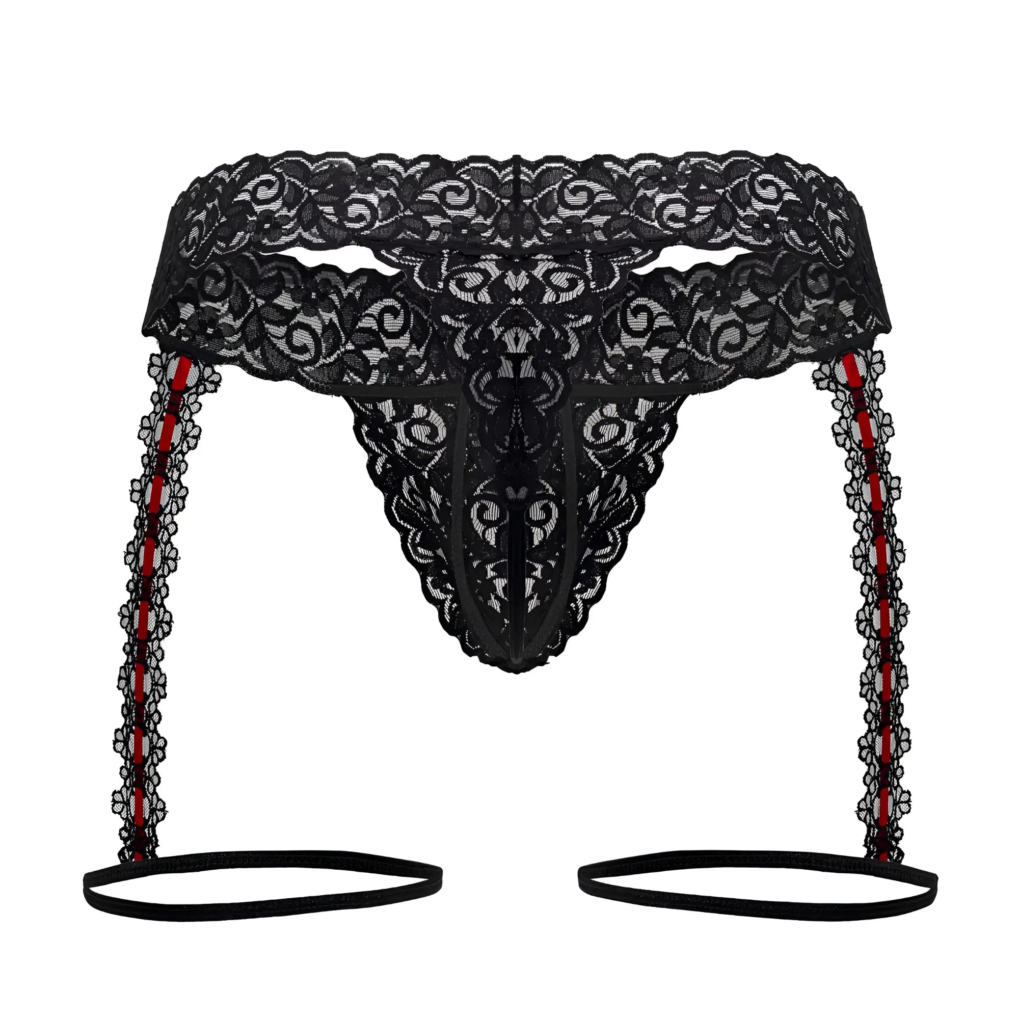 Black lace thong with red striped garter straps and scalloped edges candyMan 99803 lace garter thongs color black