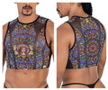 CandyMan 99805 stained glass crop top in black sheer mesh with angelic figure and floral geometric patterns in blues and golds