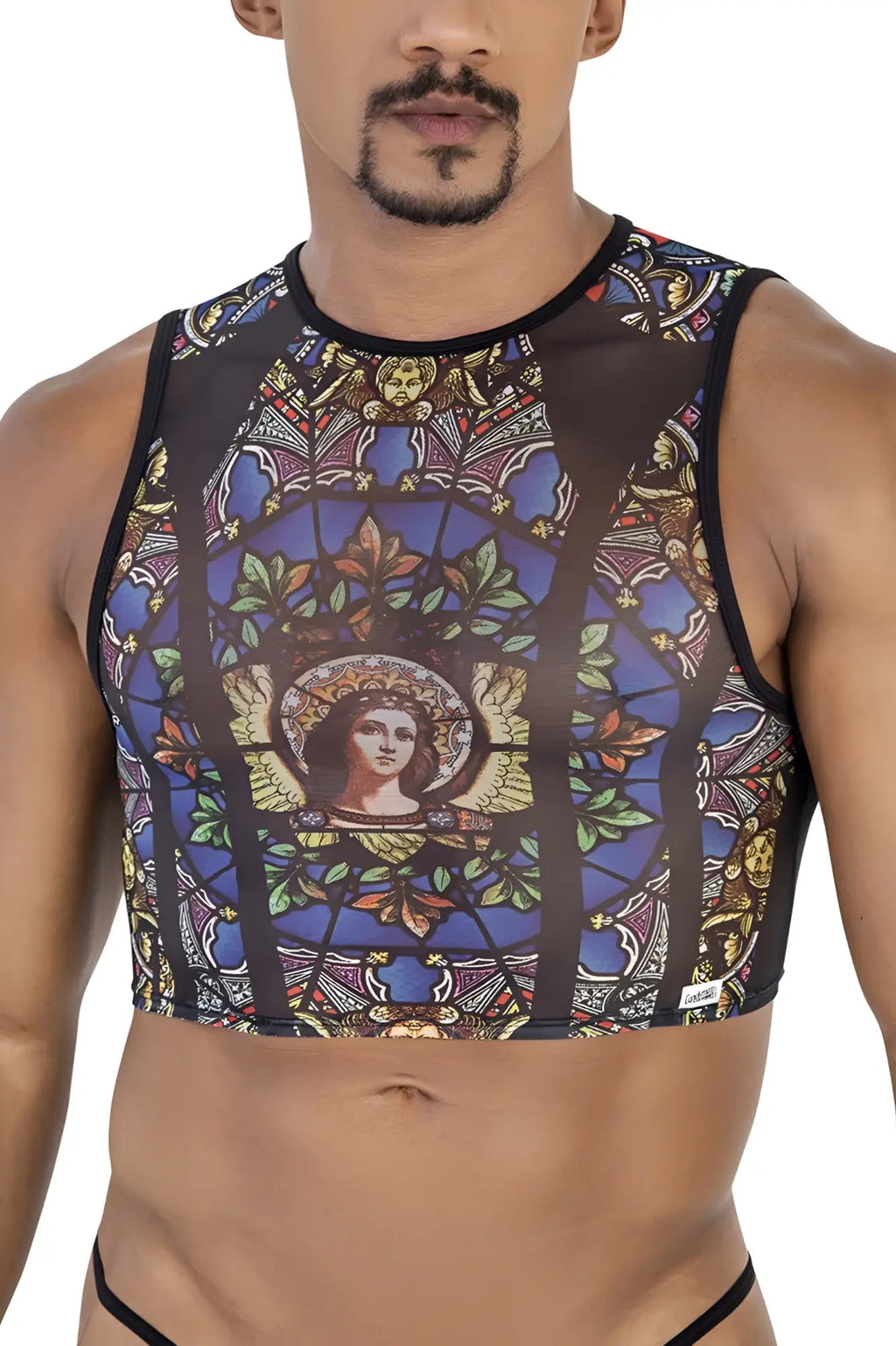 CandyMan 99805 stained glass tank top in black mesh with blue and gold patterns and a central angelic figure