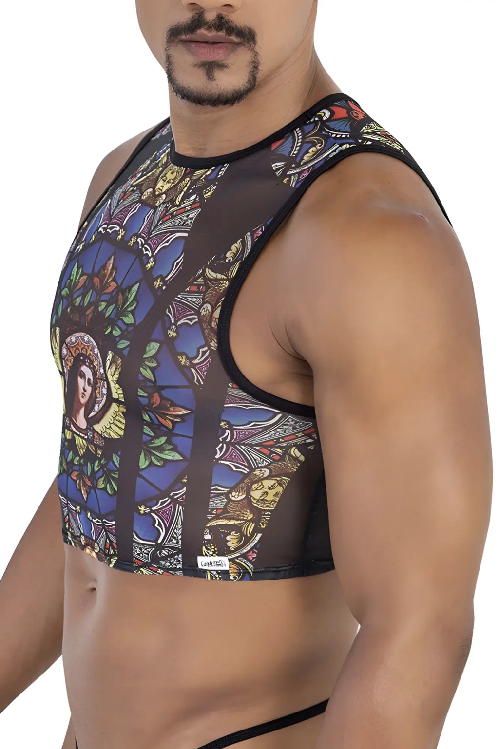 Candyman 99805 stained glass tank top in black with vibrant blue gold and black angelic stained glass print