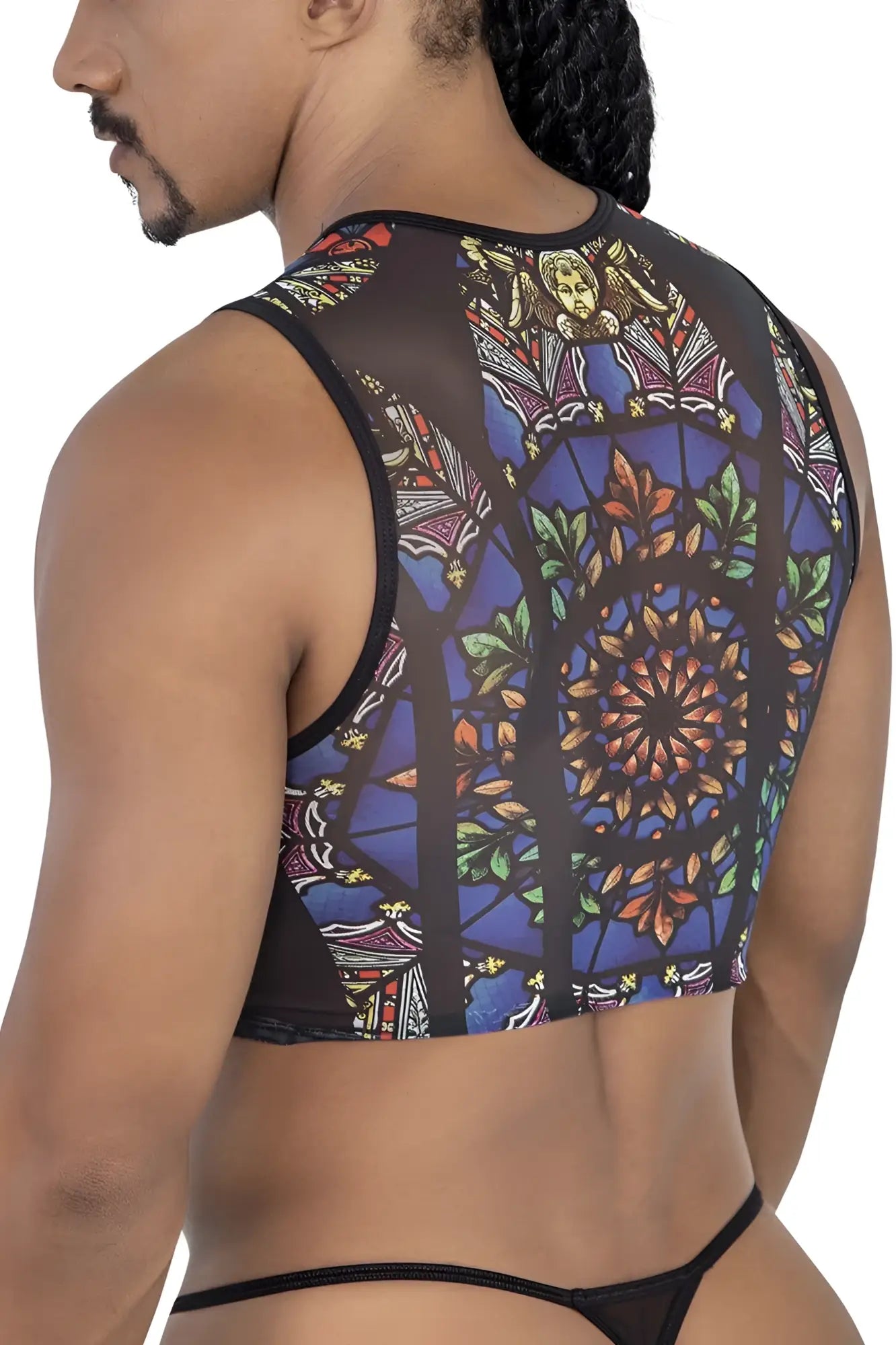 Black mesh crop top CandyMan 99805 featuring a vibrant stained glass window design in blue green orange and gold hues