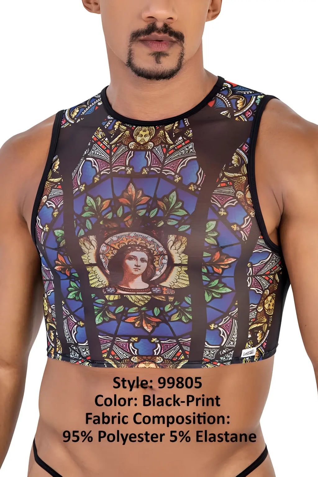 Black-print sleeveless crop top with stained glass angel design floral patterns on sheer mesh fabric by CandyMan
