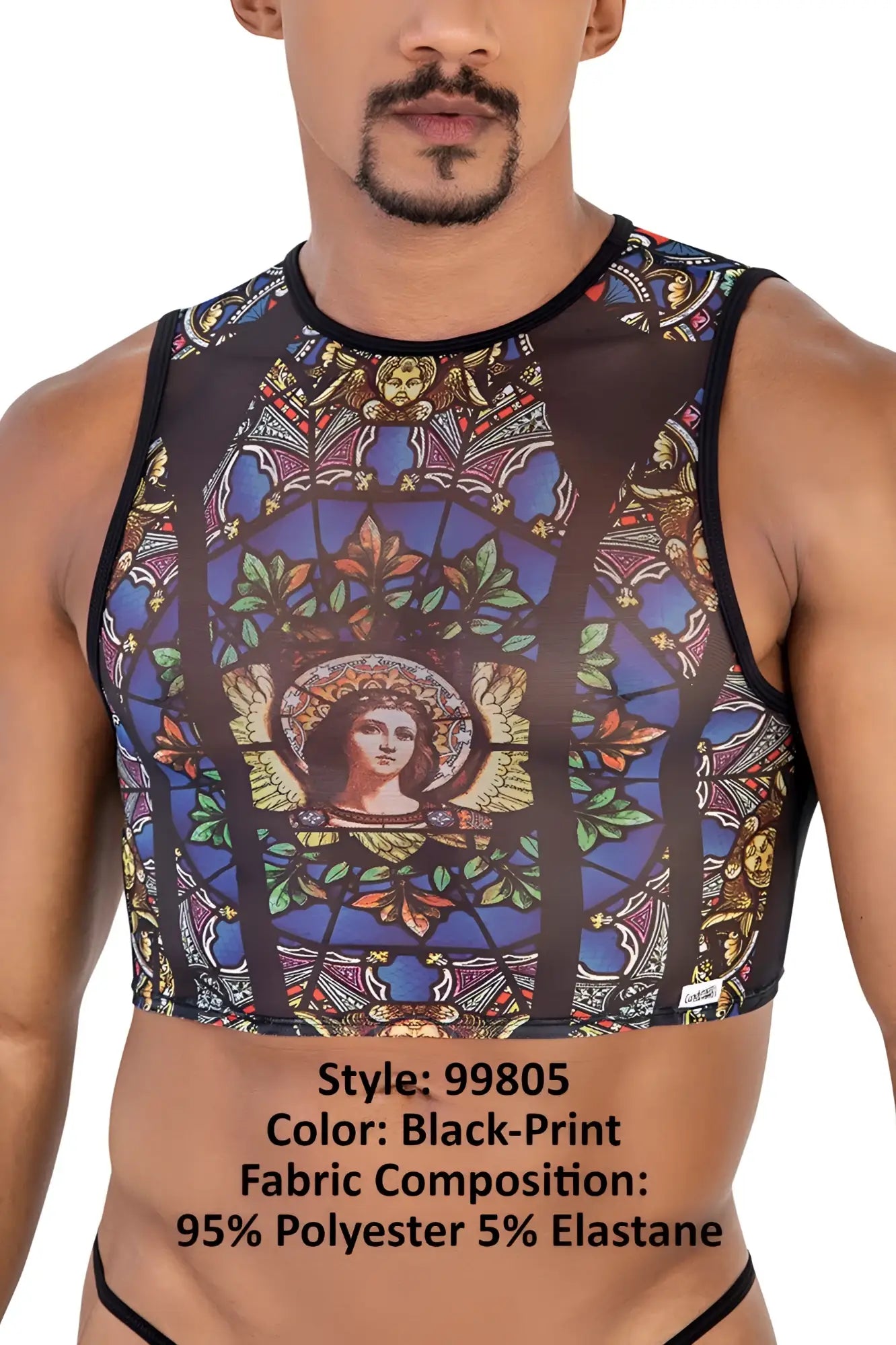 Black-print sleeveless crop top with stained glass angel design floral patterns on sheer mesh fabric by CandyMan