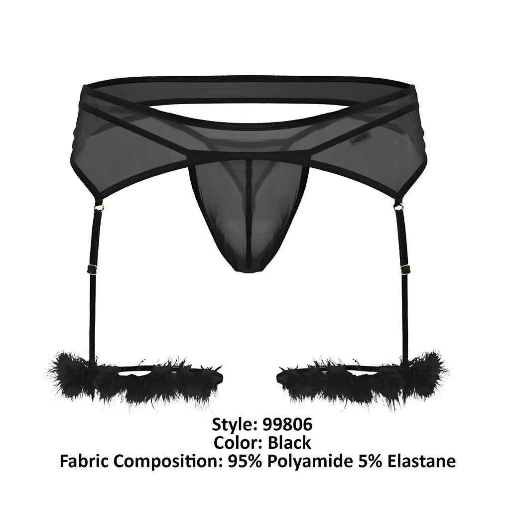 Black sheer mesh garter belt candyMan 99806 with feathered cuffs and adjustable straps for intimate wear