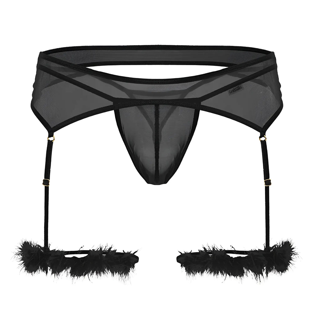 Black sheer mesh garter belt with feathered leg straps by Candyman 99806 for lingerie and intimate wear