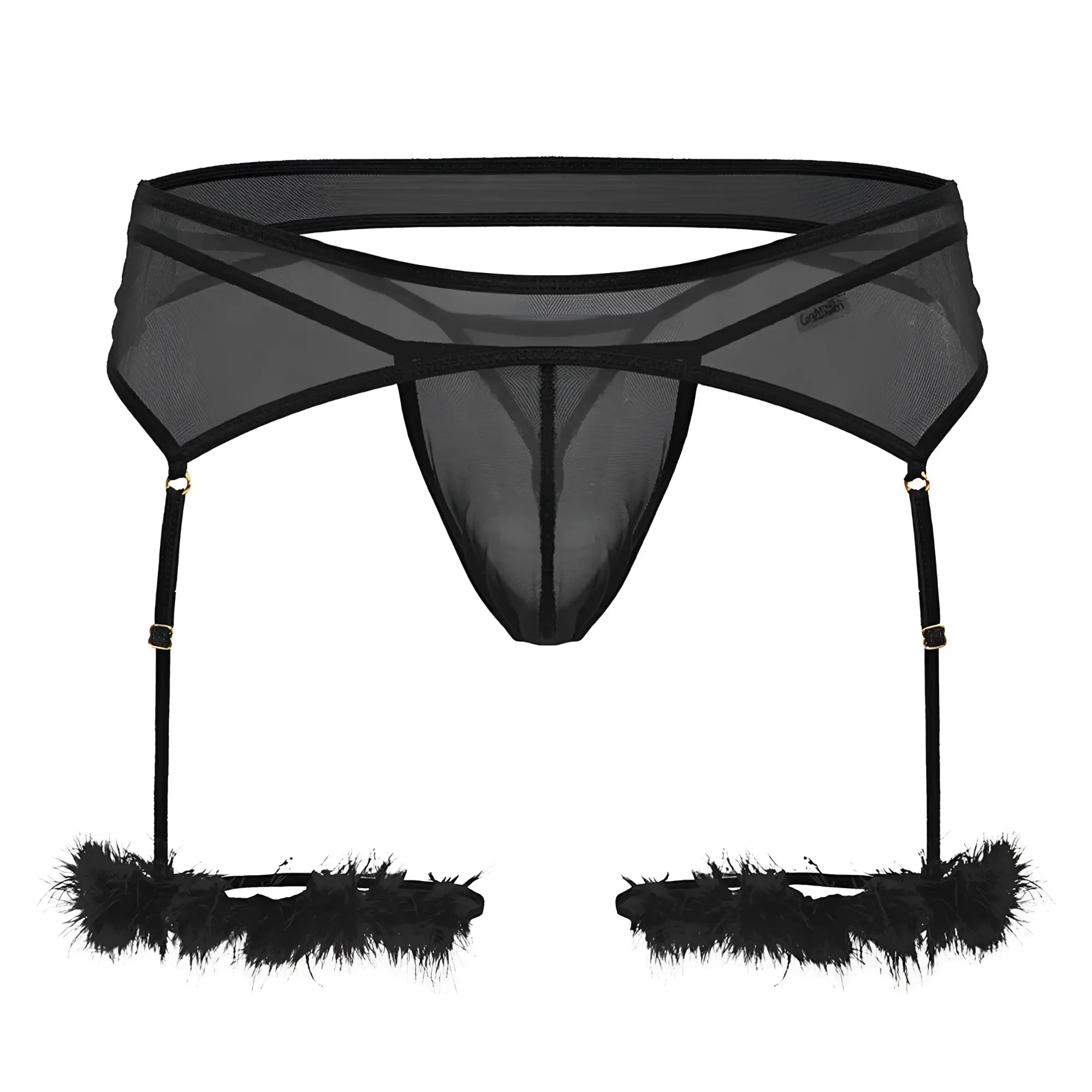 Black sheer mesh garter belt with feathered leg straps by Candyman 99806 for lingerie and intimate wear