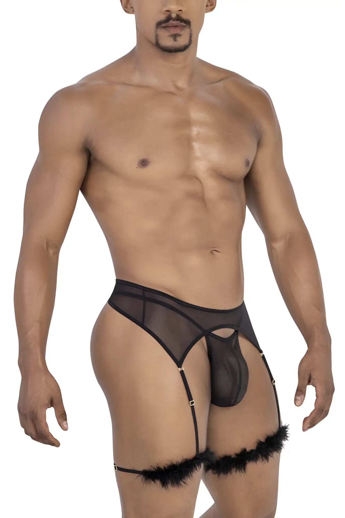 Black sheer mesh garter belt with feathered cuffs and central pouch from candyman 99806 mesh garter outfit