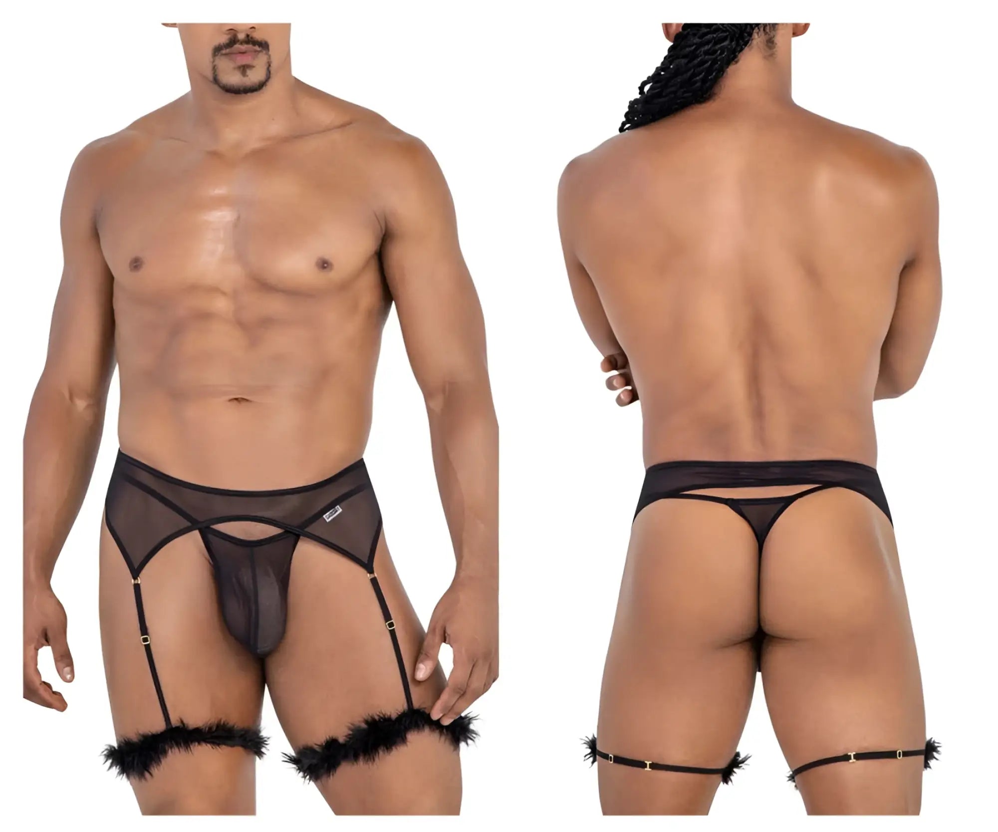 Black sheer mesh garter belt with feathered cuffs and gold-tone hardware from candyman 99806 mesh garter outfit