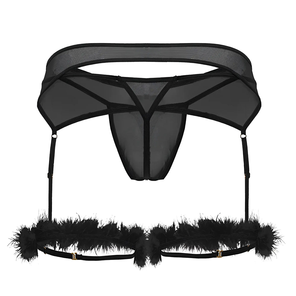 Black sheer mesh CandyMan 99806 garter belt with feather trim and adjustable straps for lingerie outfit
