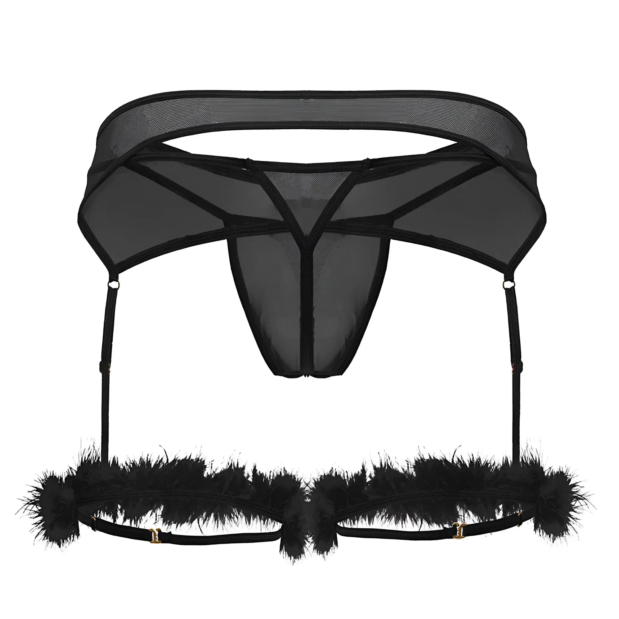 Black sheer mesh CandyMan 99806 garter belt with feather trim and adjustable straps for lingerie outfit