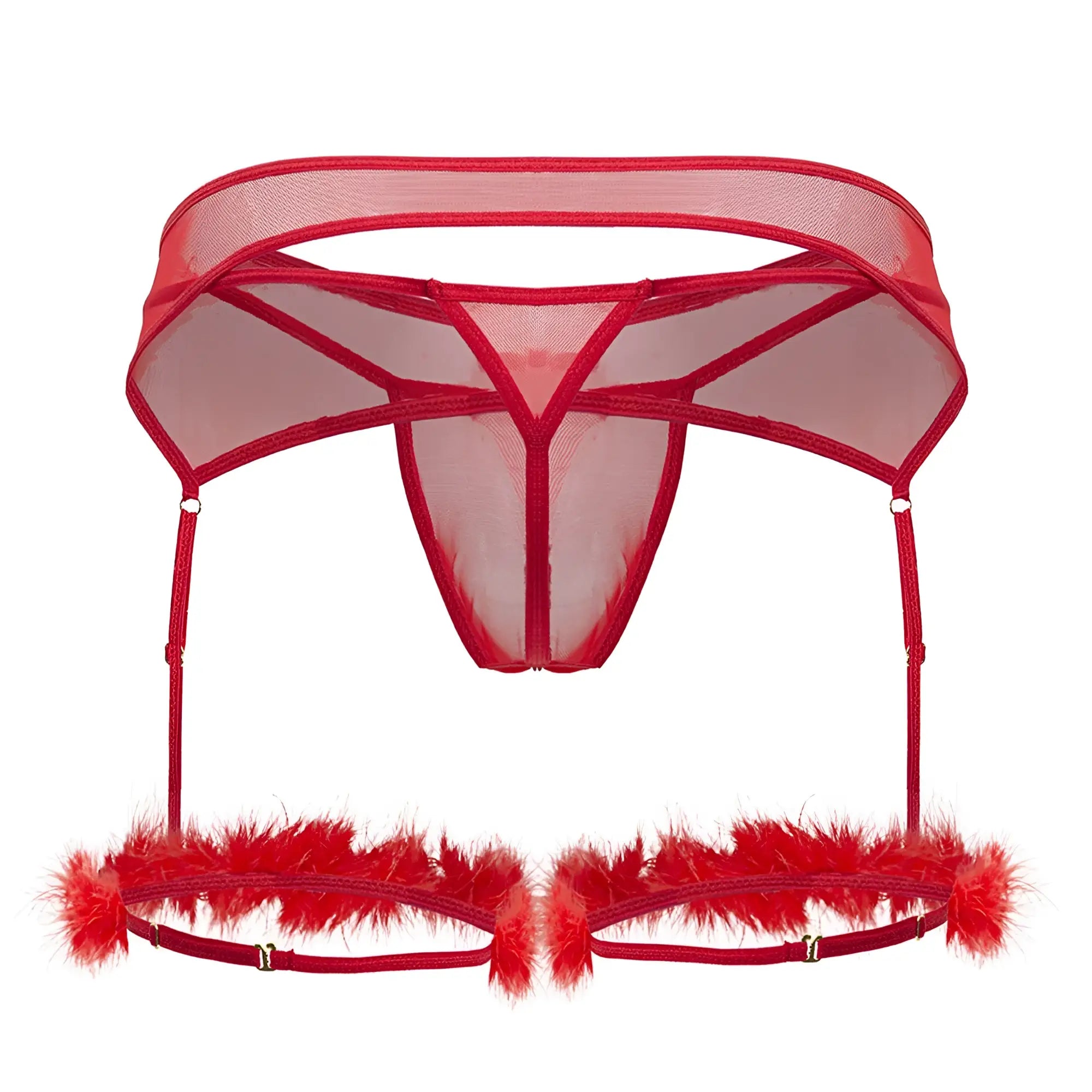 Red sheer mesh garter belt candyMan 99806 with feathered trim and adjustable straps in red color