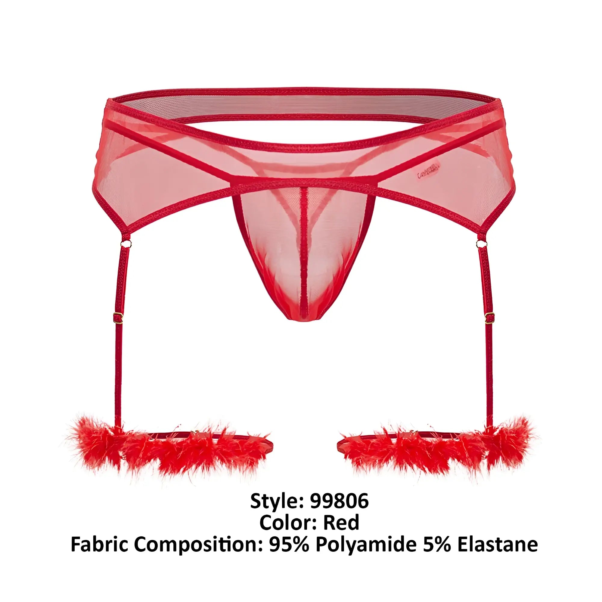 CandyMan 99806 red sheer mesh garter belt with feathered cuffs and adjustable straps for lingerie outfits