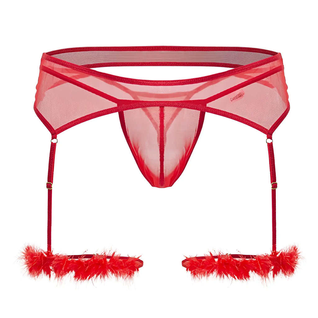 CandyMan 99806 red sheer mesh garter belt with feathered cuffs and adjustable straps for lingerie outfits