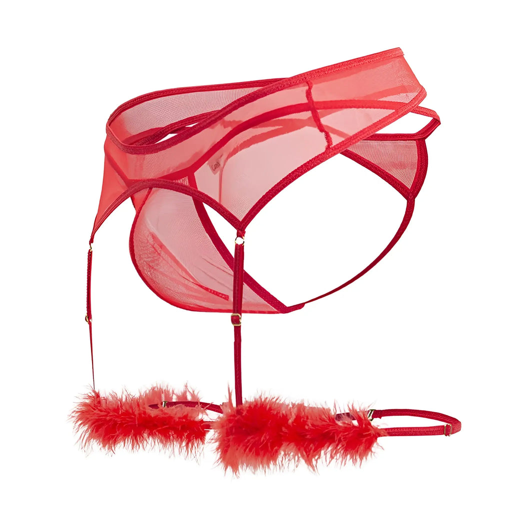 Red sheer mesh garter belt with feathered leg straps from Candyman 99806 mesh garter outfit in red