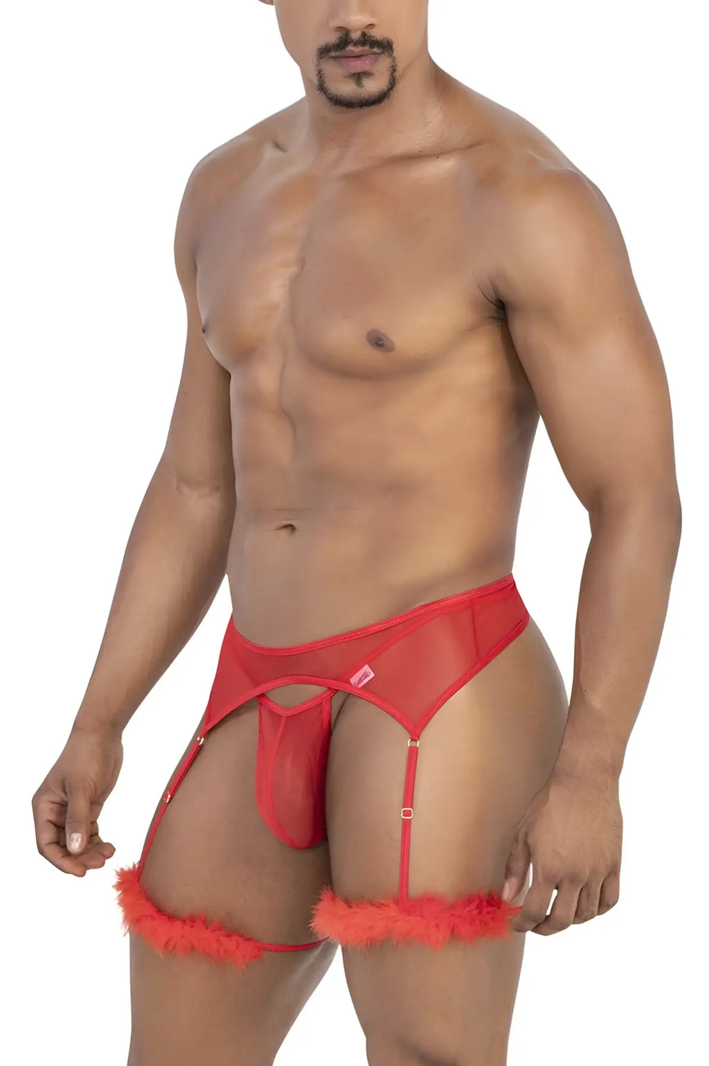 Red mesh garter belt with fluffy orange trim and adjustable straps from candyman 99806 mesh garter outfit in red