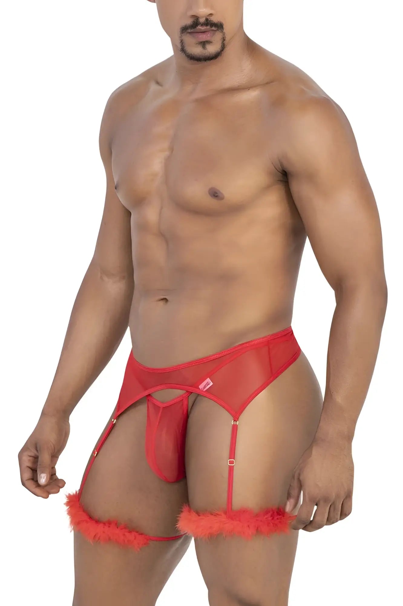 Red mesh garter belt with fluffy orange trim and adjustable straps from candyman 99806 mesh garter outfit in red