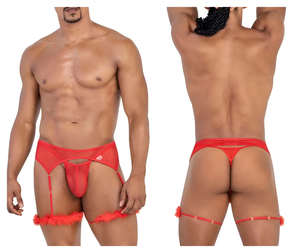 CandyMan 99806 red mesh garter outfit with feather trim and adjustable straps men’s lingerie set