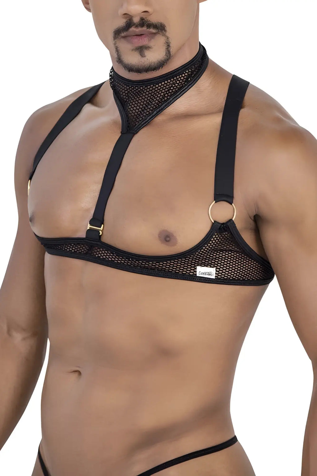 Black mesh harness candy man 99809 with adjustable straps and gold toned metal rings in black color