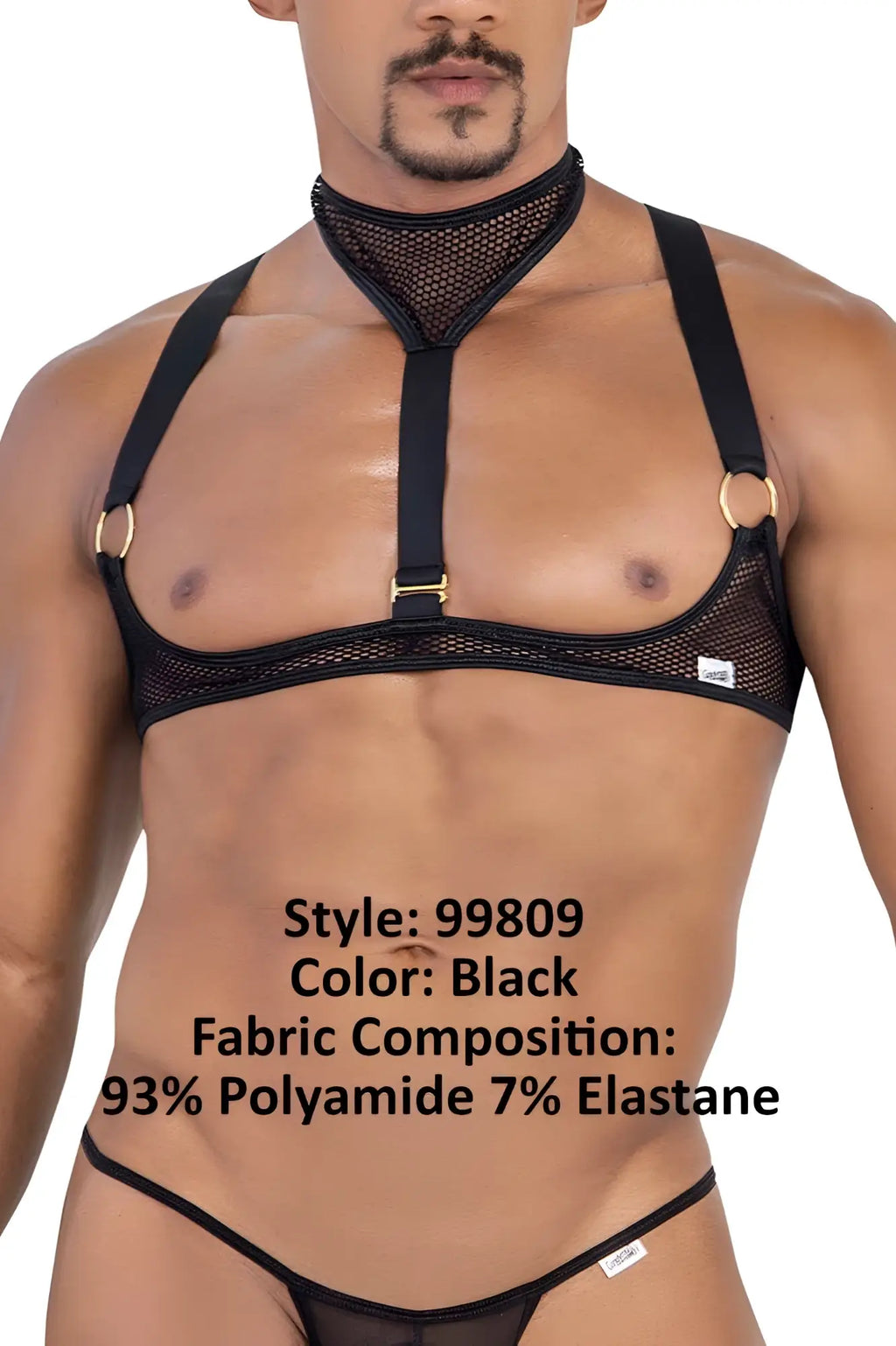 Black mesh harness candyman 99809 with gold toned metal rings and adjustable straps shown from the back side