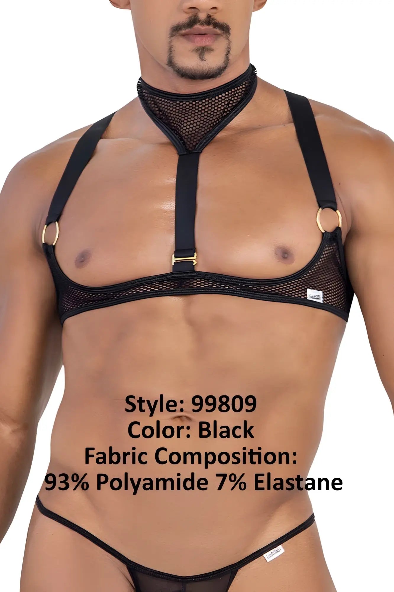 Black mesh harness candyman 99809 with gold toned metal rings and adjustable straps shown from the back side
