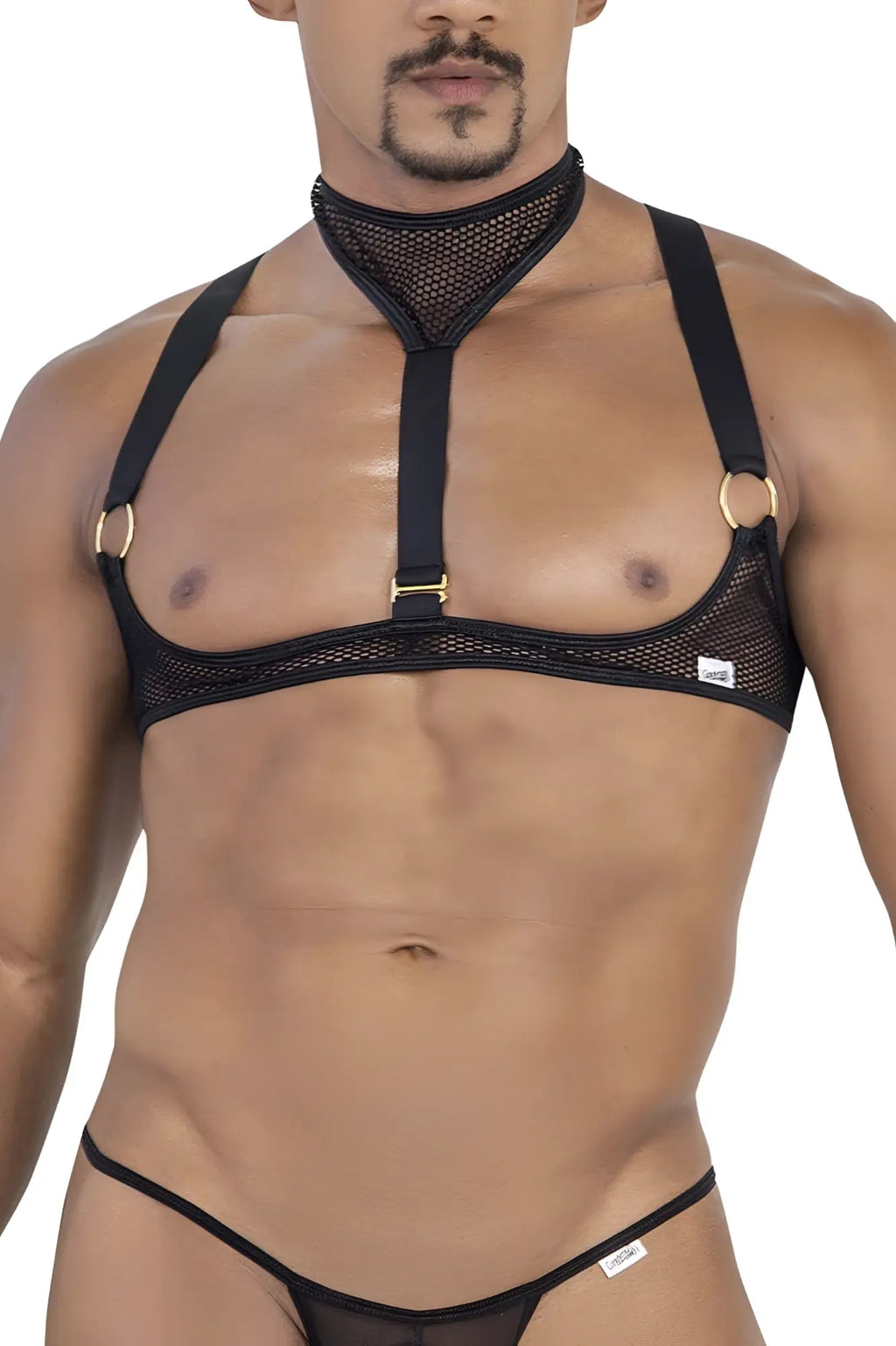 Black mesh harness candyman 99809 with gold toned metal rings and adjustable straps visible from the back side