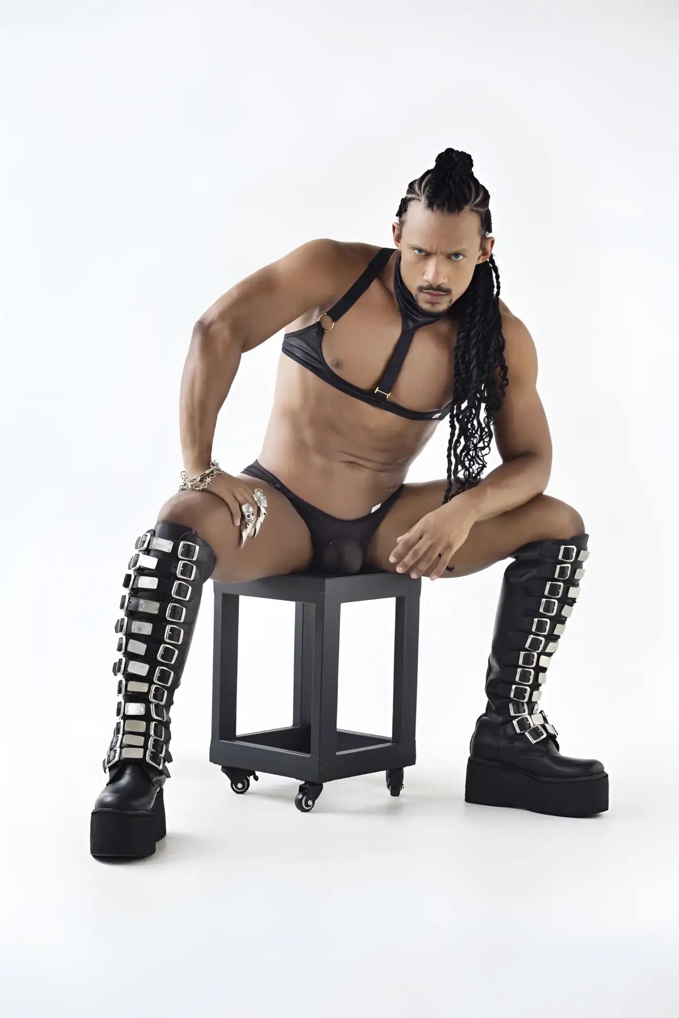 Black CandyMan 99809 mesh harness platform boots with silver rectangular buckles along the sides