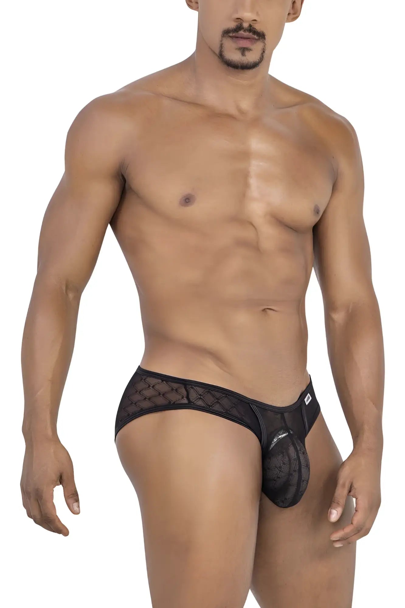 Black lace mesh CandyMan 99812 briefs for men featuring a central pouch in classic black color