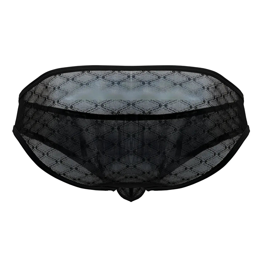 Black lace CandyMan 99812 mesh briefs in black featuring a diamond-patterned mesh design with solid trim